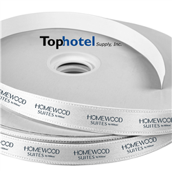 Homewood Suites custom-printed 5/8" wide, white double face satin ribbon with metallic teal logo. Price is per roll/100 yards, #1221727.