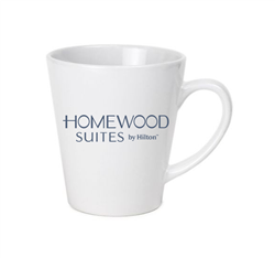 Homewood Suites 12-ounce latte mug; white ceramic mug with 1-color logo