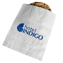 Hotel Indigo cookie/bagel bag, white with 1-color Hotel Indigo logo; glassine-lined interior. 5-3/4" x 9-3/4"