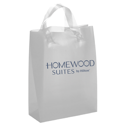 Homewood Suites frosted shopping bag, high-density frosted plastic bag with fused handles and 1-color metallic teal Homewood Suites logo.