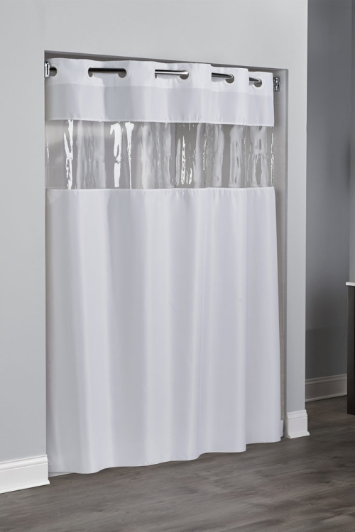 Hookless HBH43MYS01 White Madison Shower Curtain with Matching Flat Flex-On  Rings, Weighted Corner Magnets, and Poly-Voile Translucent Window - 71 x  74